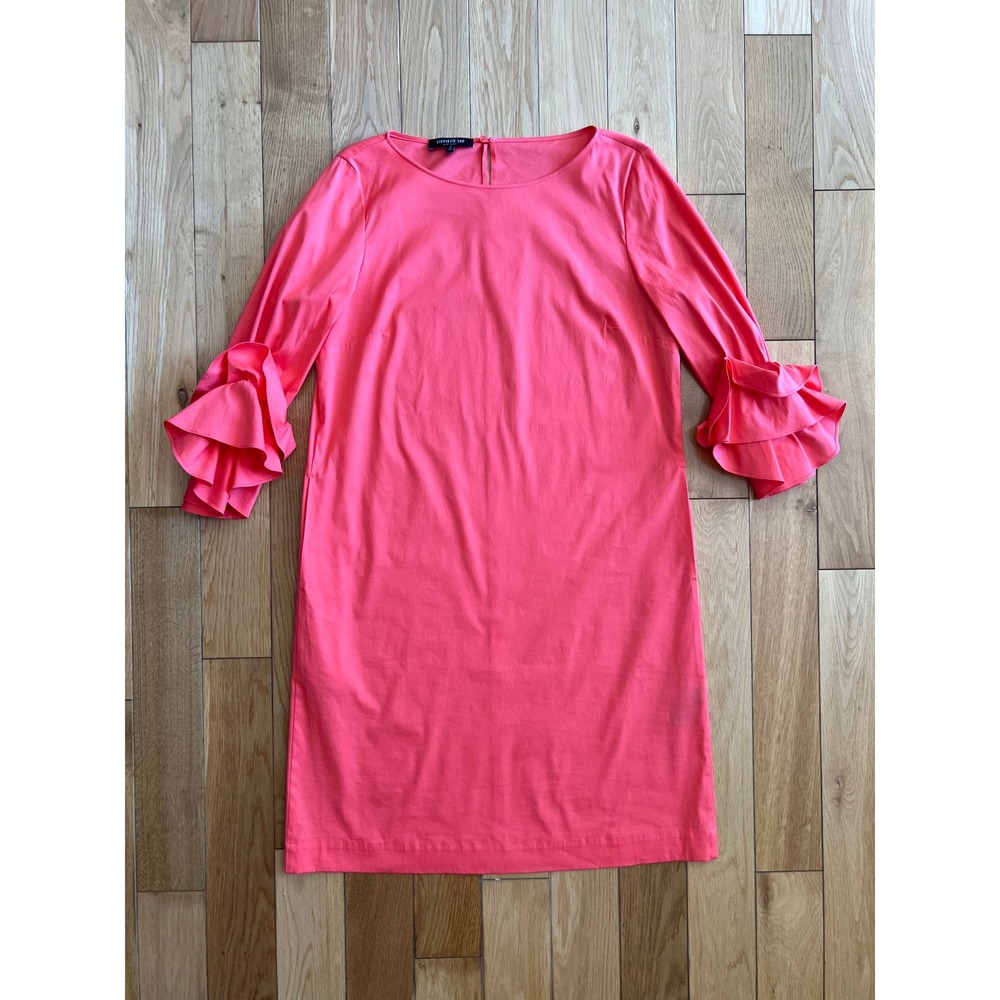 Lafayette 148 Coral Pink Ruffle Sleeve Shift Dress Knee Length Womens Size S